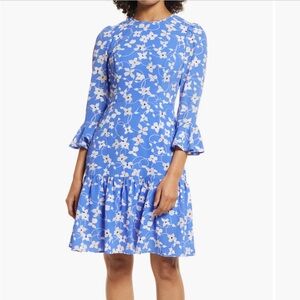 Eliza J Floral Print Flounce Dress Bell Sleeve Blue Feminine Size 8
